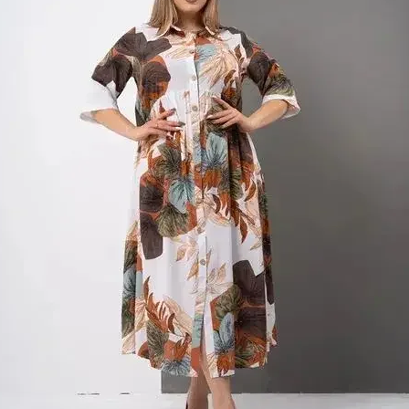 🌷Női bő, hosszú ruha mintával, hajtókával és gombokkal