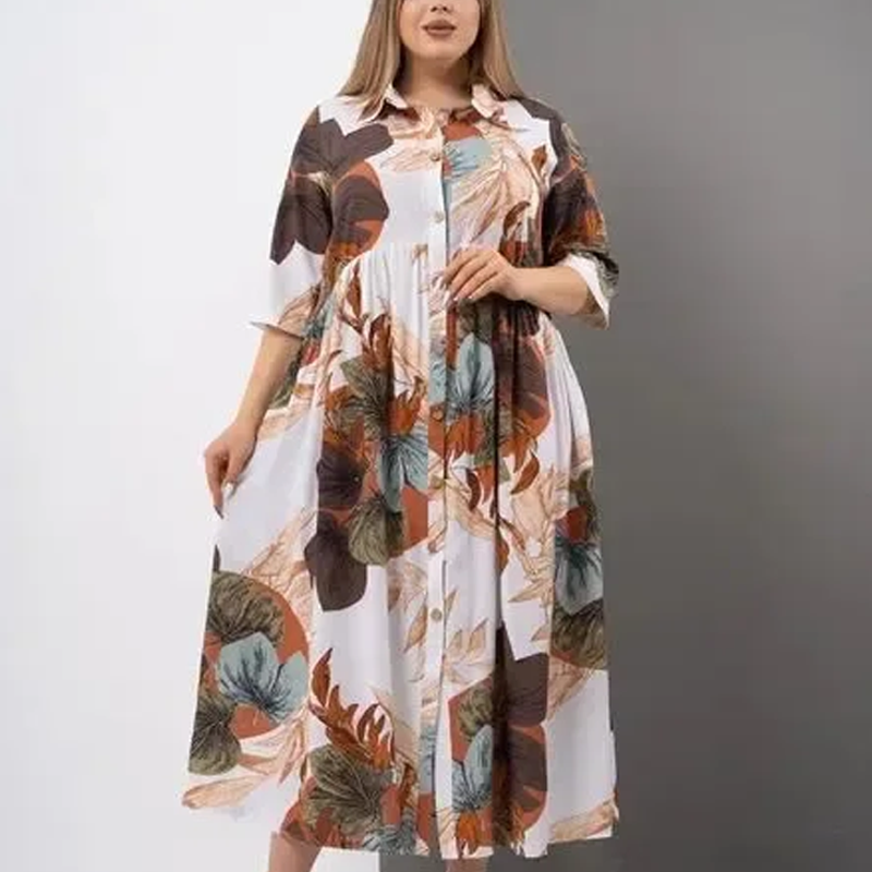 🌷Női bő, hosszú ruha mintával, hajtókával és gombokkal