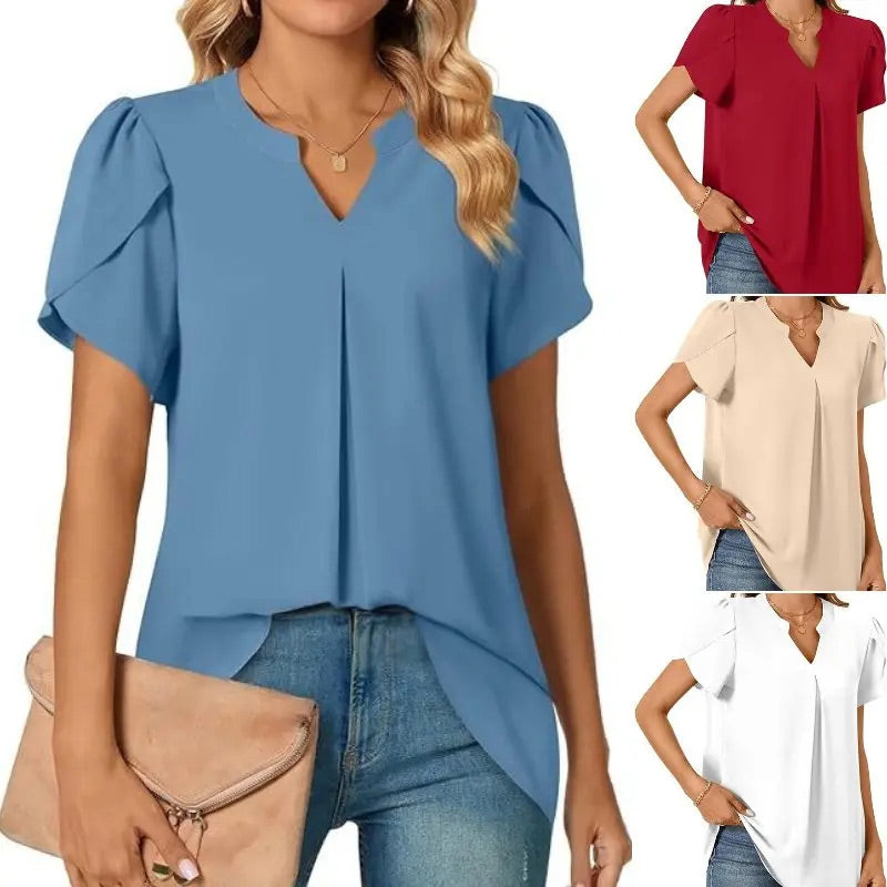 【M-2XL】Női egyszínű rövid ujjú V-nyakú póló
