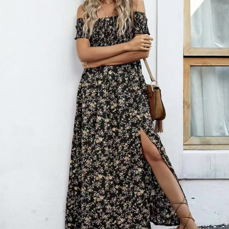 Elegáns, virágmintás, váll nélküli női ruha