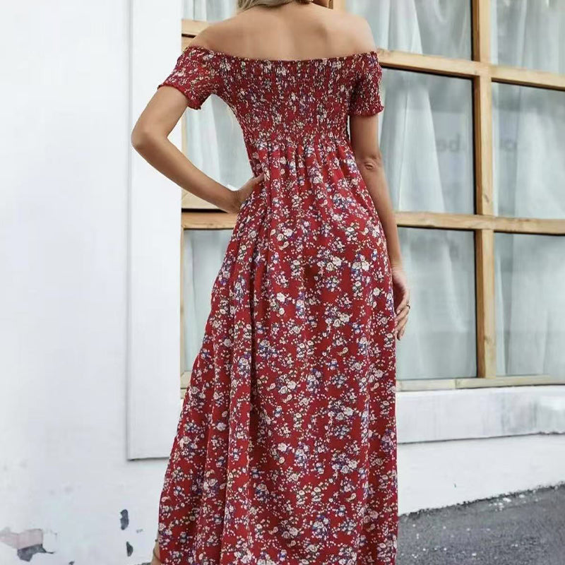 Elegáns, virágmintás, váll nélküli női ruha