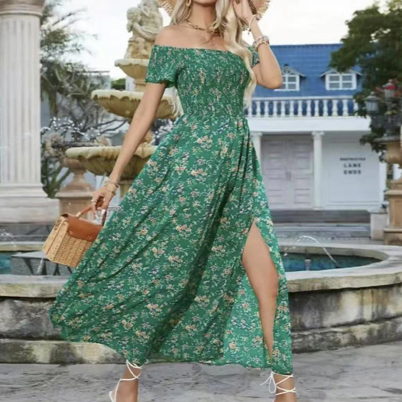 Elegáns, virágmintás, váll nélküli női ruha