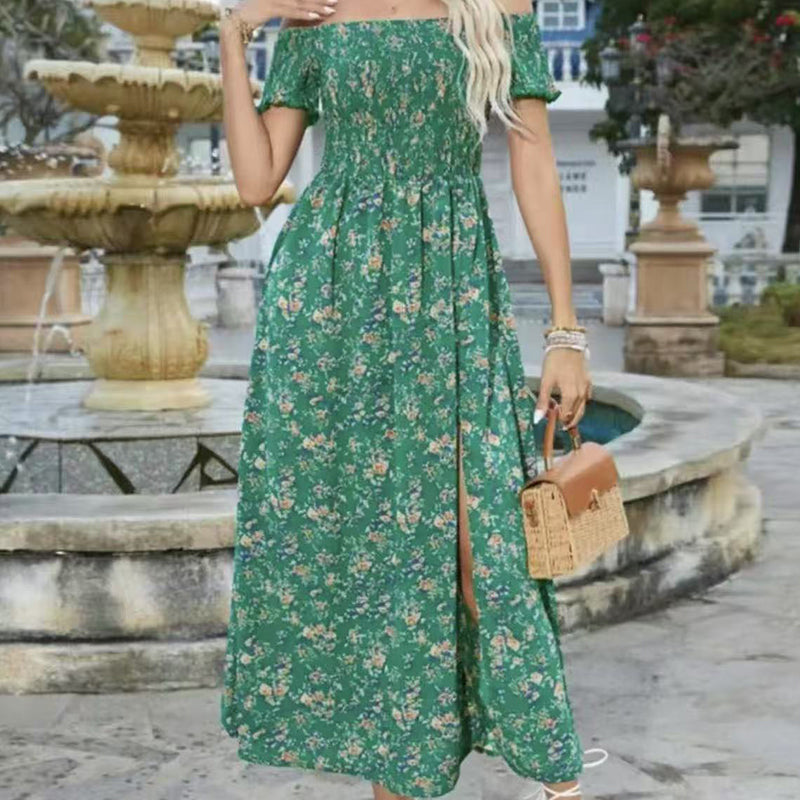 Elegáns, virágmintás, váll nélküli női ruha