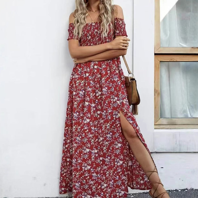 Elegáns, virágmintás, váll nélküli női ruha