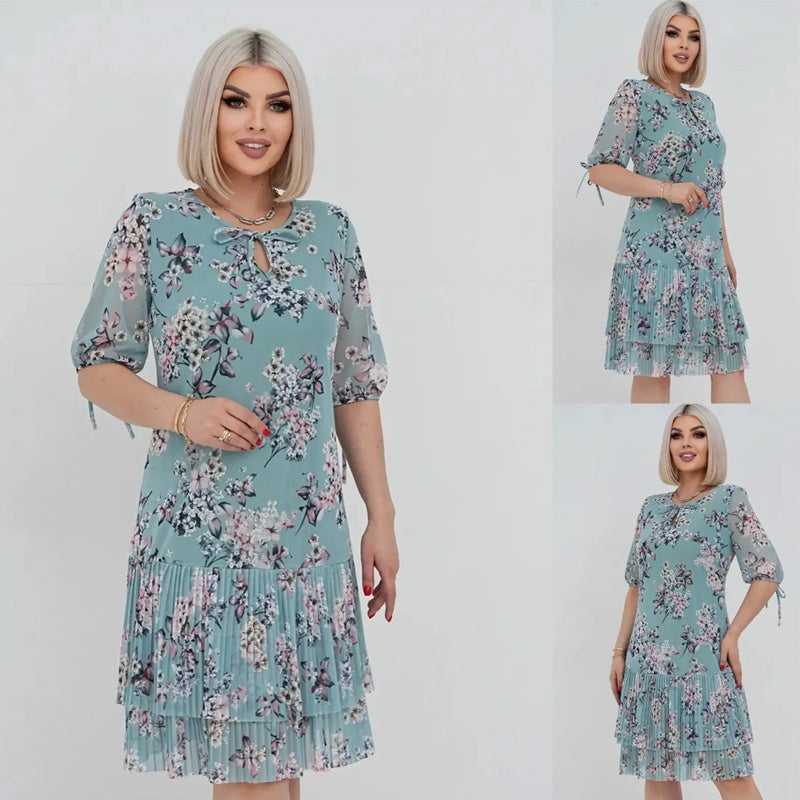 đčElegĂĄns, hosszĂș, rakott sifon ruha rövid ujjakkal