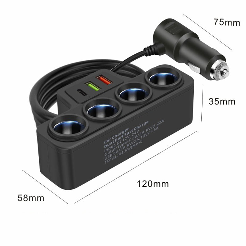 🚗 7-in-1 Gyújtószennyes Adapter | USB-C & USB-A Gyorstöltés, LED Kijelző, Qi Wireless - Tökéletes Utazáshoz, Családnak, Minden Eszköz Töltésére 🔋✨