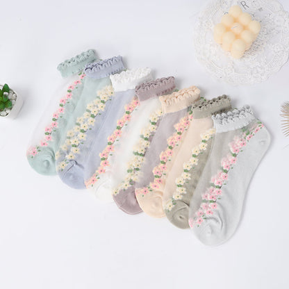 🌺🧦 Virágmintás csipkés női tavaszi-nyári bokazokni – csinos, légáteresztő, tökéletes magassarkúhoz vagy lapos cipőhöz! 👠 Utánvéttel!