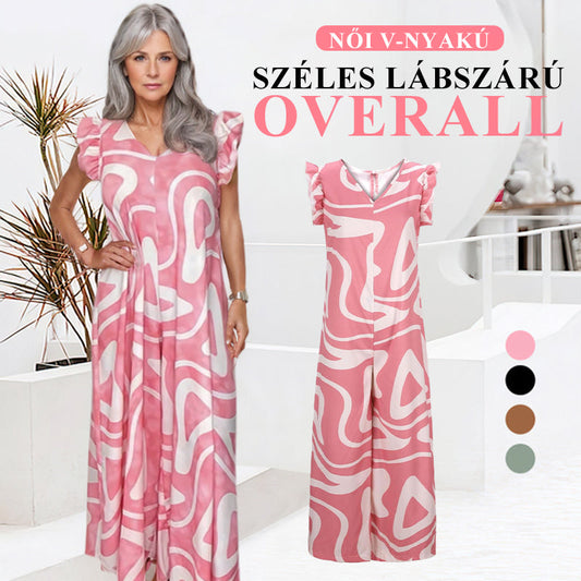 🌸 Női Geometrikus Mintás V-nyakú Széles Lábszárú Overall