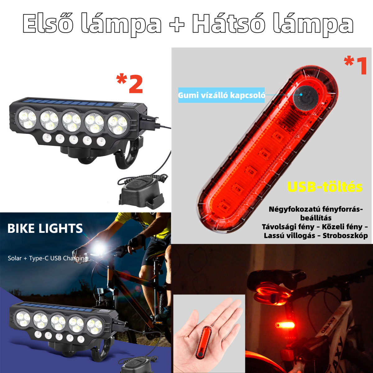 USB-tölthető Napelemes Kerékpárlámpa | Energiatakarékos, Vízálló, Erős Fény – Utánpótlás Nélkül