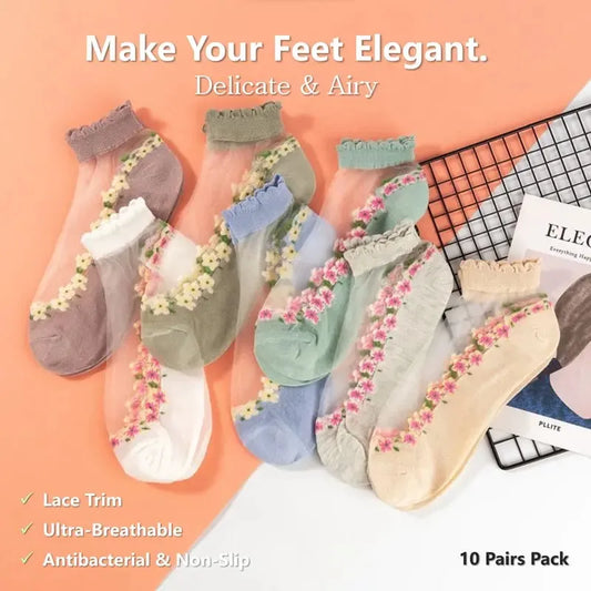 🌺🧦 Virágmintás csipkés női tavaszi-nyári bokazokni – csinos, légáteresztő, tökéletes magassarkúhoz vagy lapos cipőhöz! 👠 Utánvéttel!