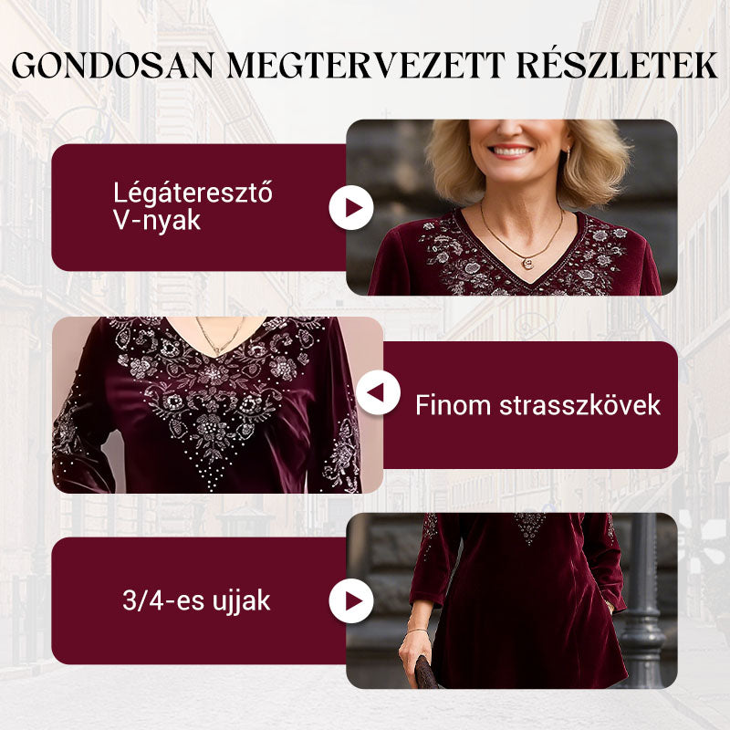 Divatos női bársony strasszos felső és nadrág szett - A legújabb trendek megtestesítője!