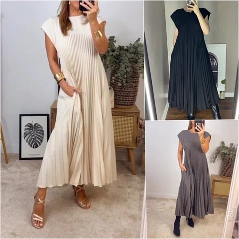 💕 M-3XL Női Pliszírozott Ruha | Egyszínű Elegáns Divat Ruha Alkalmi Viselésre 👗✨