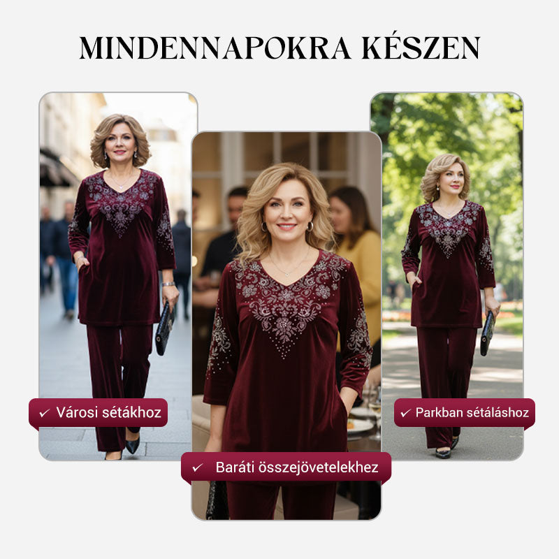 Divatos női bársony strasszos felső és nadrág szett - A legújabb trendek megtestesítője!