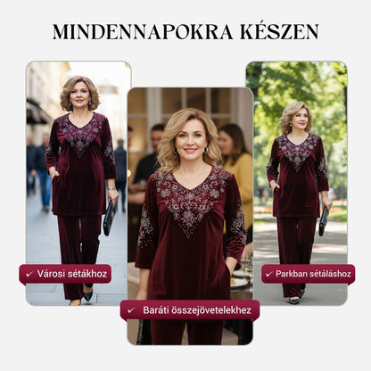 Divatos női bársony strasszos felső és nadrág szett - A legújabb trendek megtestesítője!