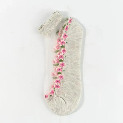 🌺🧦 Virágmintás csipkés női tavaszi-nyári bokazokni – csinos, légáteresztő, tökéletes magassarkúhoz vagy lapos cipőhöz! 👠 Utánvéttel!