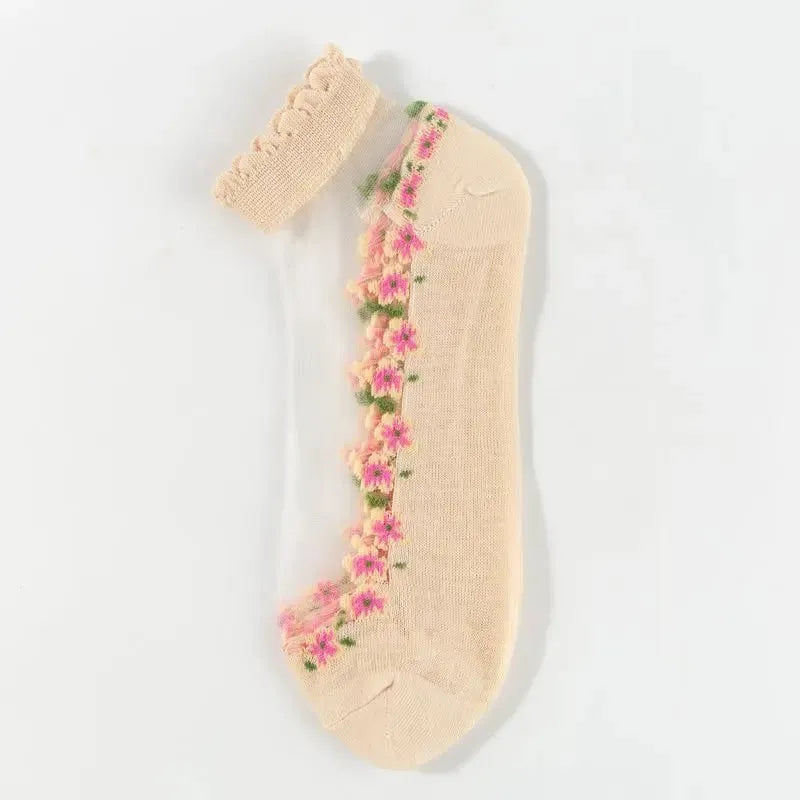 🌺🧦 Virágmintás csipkés női tavaszi-nyári bokazokni – csinos, légáteresztő, tökéletes magassarkúhoz vagy lapos cipőhöz! 👠 Utánvéttel!