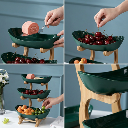 ✨🌿 3-szintes gyümölcstál fa állvánnyal – helytakarékos, dekoratív, könnyen tisztítható! 🍎🍇 Platás utánvéttel!