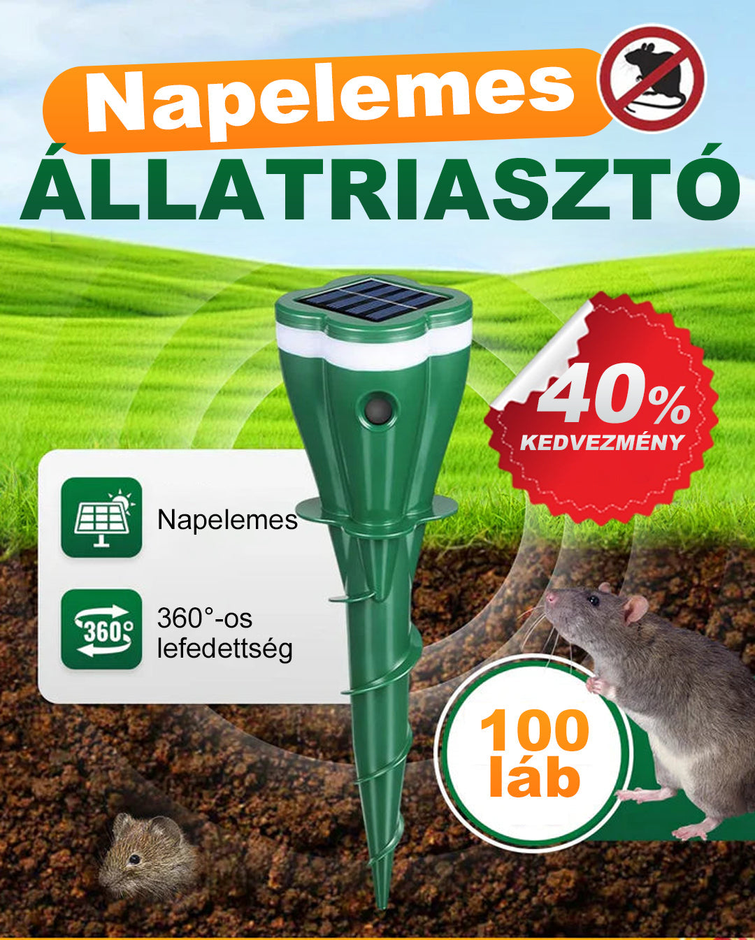 🌱🔊 Napelemes vízálló állatriasztó – mozgásérzékelős ultrahang, vegyszermentes védelem kertedbe! 🦊 Utánvéttel!