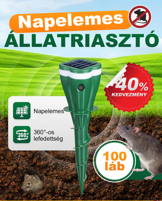🌱🔊 Napelemes vízálló állatriasztó – mozgásérzékelős ultrahang, vegyszermentes védelem kertedbe! 🦊 Utánvéttel!