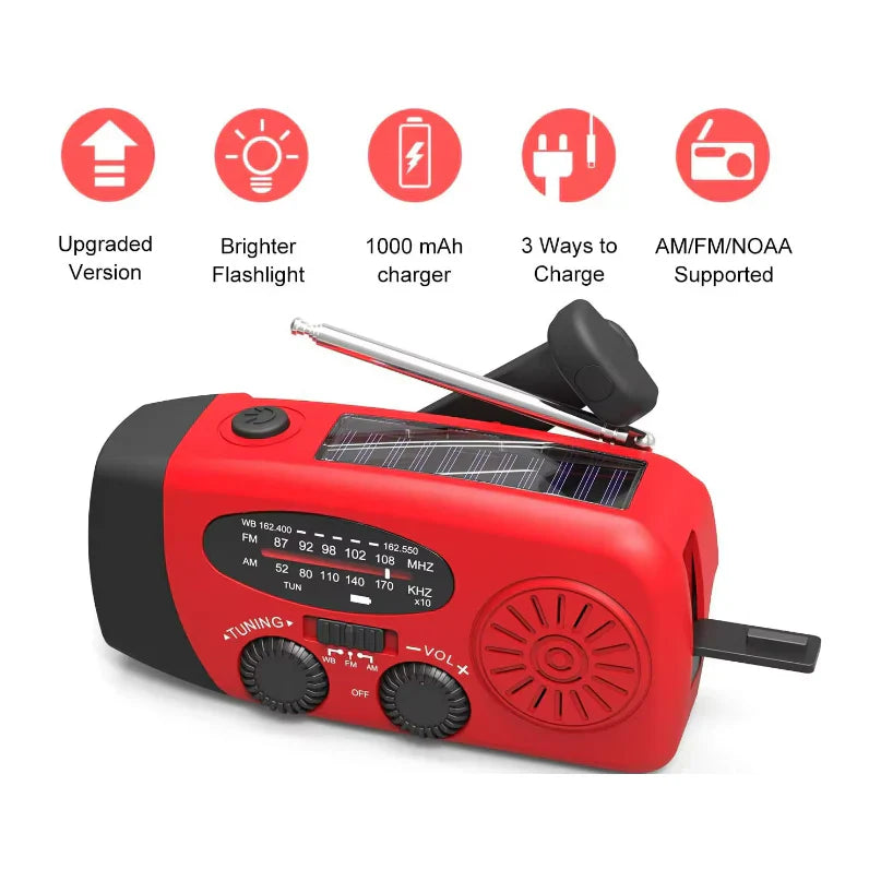 🌞 Multifunkciós Napelemes Vészhelyzeti Rádió | Kézi Hajtású, Bluetooth Hangszóró, LED Lámpa, Telefon Töltő - Kemping, Vészhelyzet, Otthoni Biztonság 📻🆘