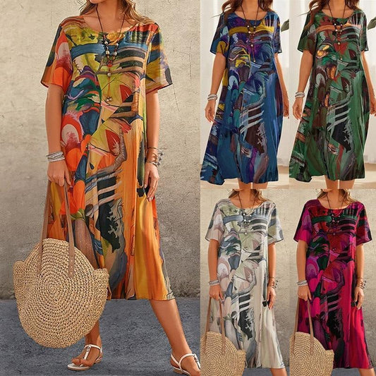 Rochie fluidă în culori tropicale strălucitoare