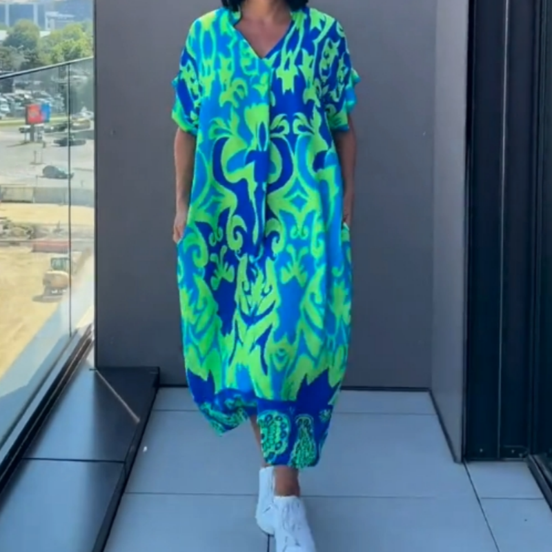 🌿 Női Alkalmi Elegáns Nyomtatott V-nyakú Ruha | Divatos Tavaszi-nyári Szett Minden Alkalomra 👗✨