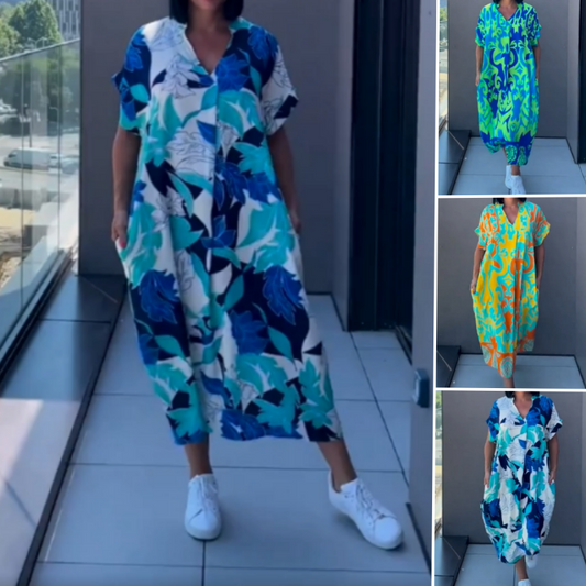 🌿 Női Alkalmi Elegáns Nyomtatott V-nyakú Ruha | Divatos Tavaszi-nyári Szett Minden Alkalomra 👗✨
