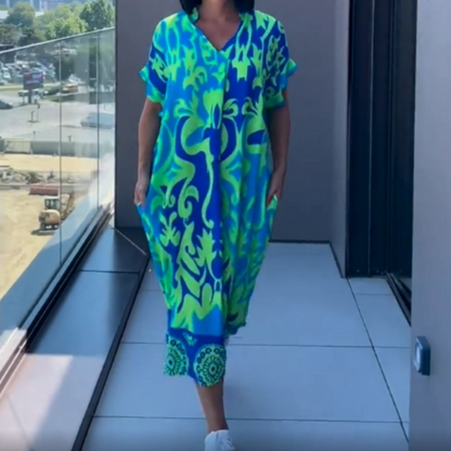 🌿 Női Alkalmi Elegáns Nyomtatott V-nyakú Ruha | Divatos Tavaszi-nyári Szett Minden Alkalomra 👗✨