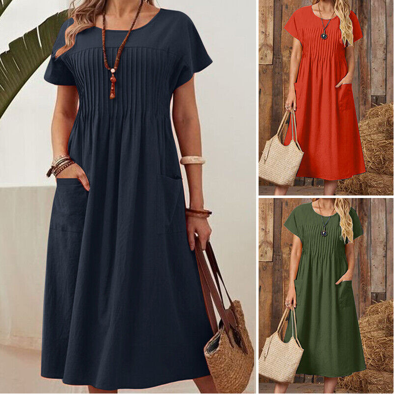 👗 Női rakott ruha rövid ujjal és zsebekkel – kényelmes, nőies, praktikus! Zsebekkel a mindennapokra. ✨ Utánvéttel!