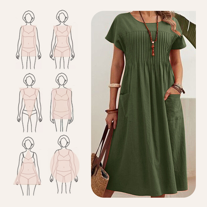 👗 Női rakott ruha rövid ujjal és zsebekkel – kényelmes, nőies, praktikus! Zsebekkel a mindennapokra. ✨ Utánvéttel!