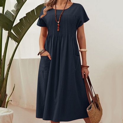 👗 Női rakott ruha rövid ujjal és zsebekkel – kényelmes, nőies, praktikus! Zsebekkel a mindennapokra. ✨ Utánvéttel!