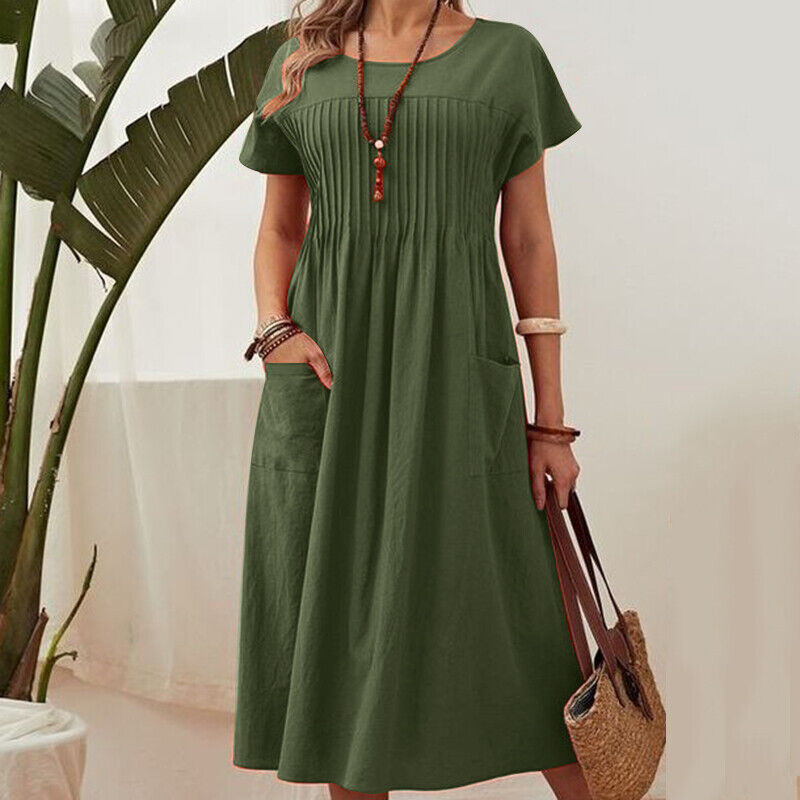 👗 Női rakott ruha rövid ujjal és zsebekkel – kényelmes, nőies, praktikus! Zsebekkel a mindennapokra. ✨ Utánvéttel!