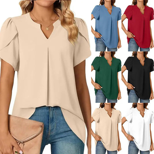 【M-2XL】Női egyszínű rövid ujjú V-nyakú póló