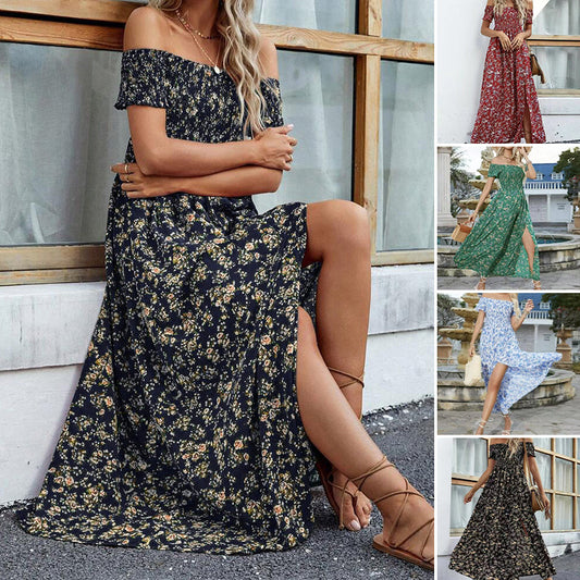 Elegáns, virágmintás, váll nélküli női ruha