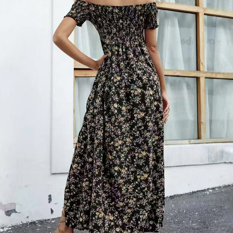 Elegáns, virágmintás, váll nélküli női ruha