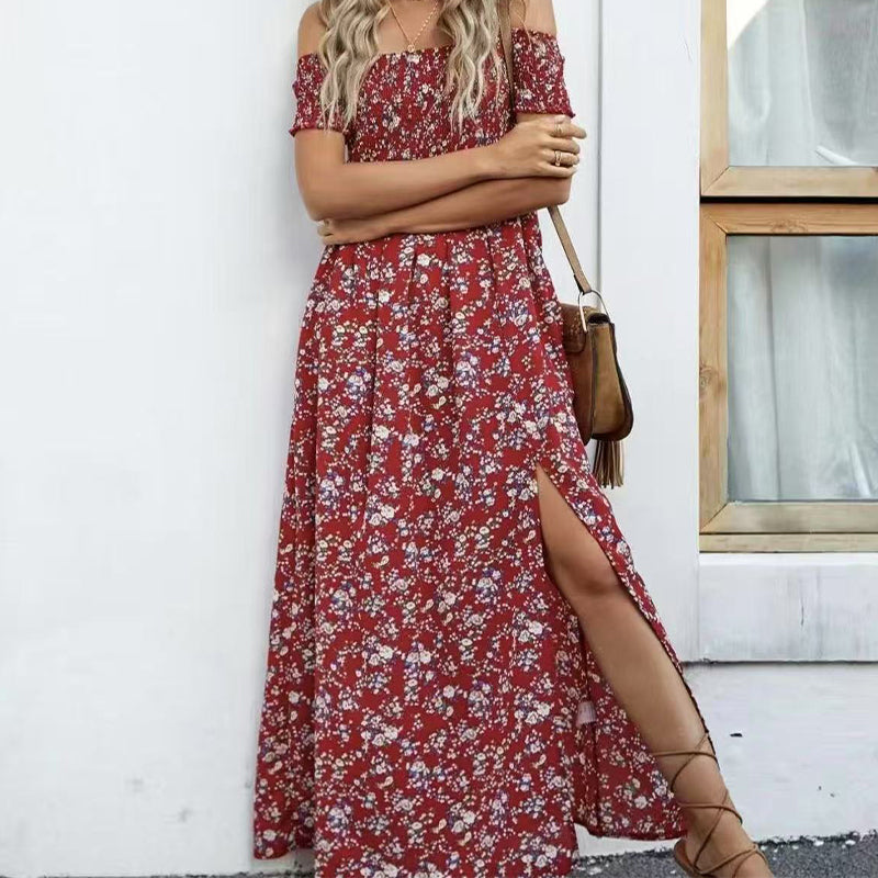 Elegáns, virágmintás, váll nélküli női ruha