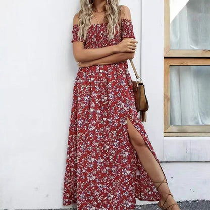 Elegáns, virágmintás, váll nélküli női ruha