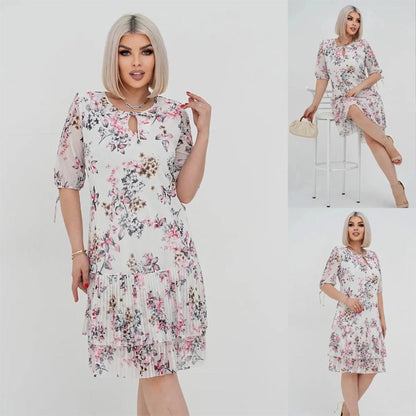 🌹Elegáns, hosszú, rakott sifon ruha rövid ujjakkal