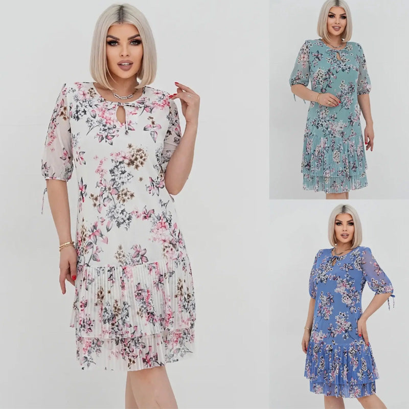 🌹Elegáns, hosszú, rakott sifon ruha rövid ujjakkal