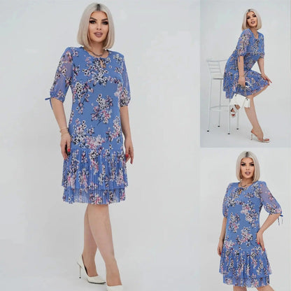 🌹Elegáns, hosszú, rakott sifon ruha rövid ujjakkal