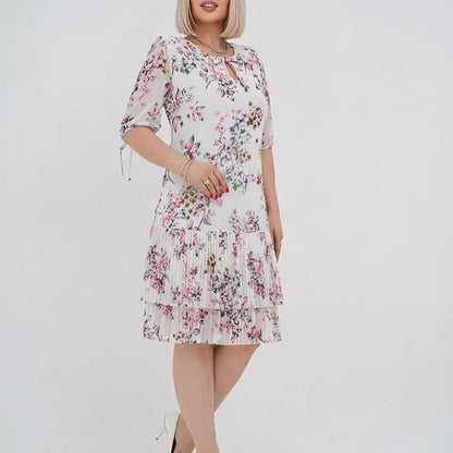🌹Elegáns, hosszú, rakott sifon ruha rövid ujjakkal