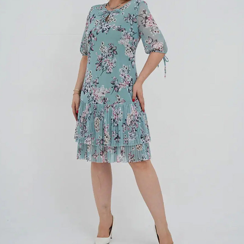 🌹Elegáns, hosszú, rakott sifon ruha rövid ujjakkal