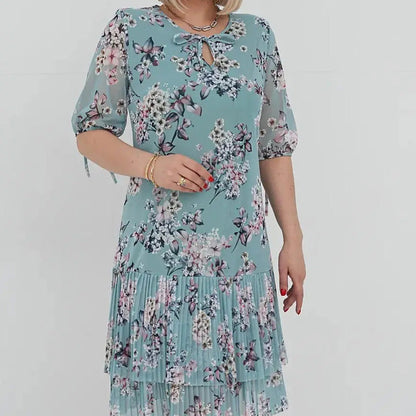 🌹Elegáns, hosszú, rakott sifon ruha rövid ujjakkal