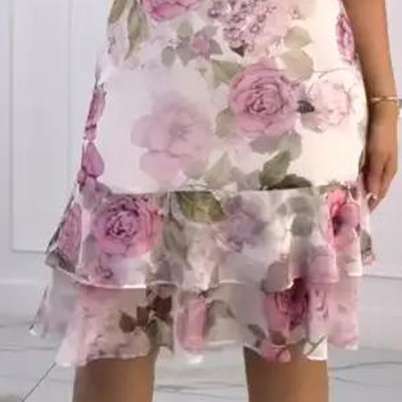 🔥 [S-4XL] 🌺 Rózsaszín sifon ruha fodrokkal 👗