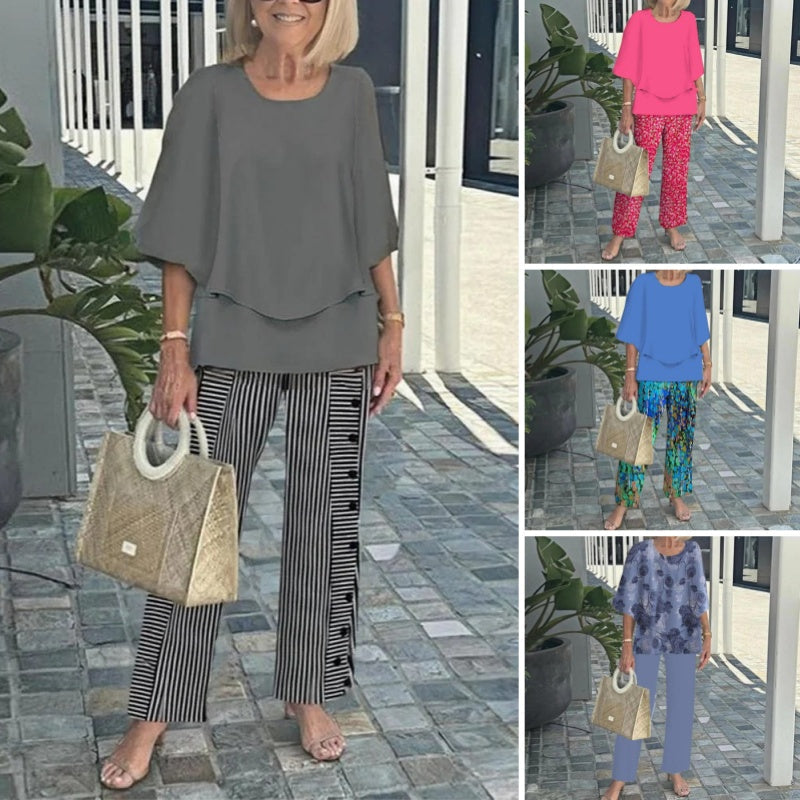 ✨ Női Alkalmi Kerek Nyakú Fél Ujjú Felső + Nyomtatott Nadrágkészlet | Divatos Kényelmes Szett 👚👖