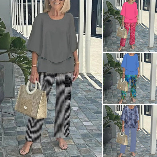 ✨ Női Alkalmi Kerek Nyakú Fél Ujjú Felső + Nyomtatott Nadrágkészlet | Divatos Kényelmes Szett 👚👖