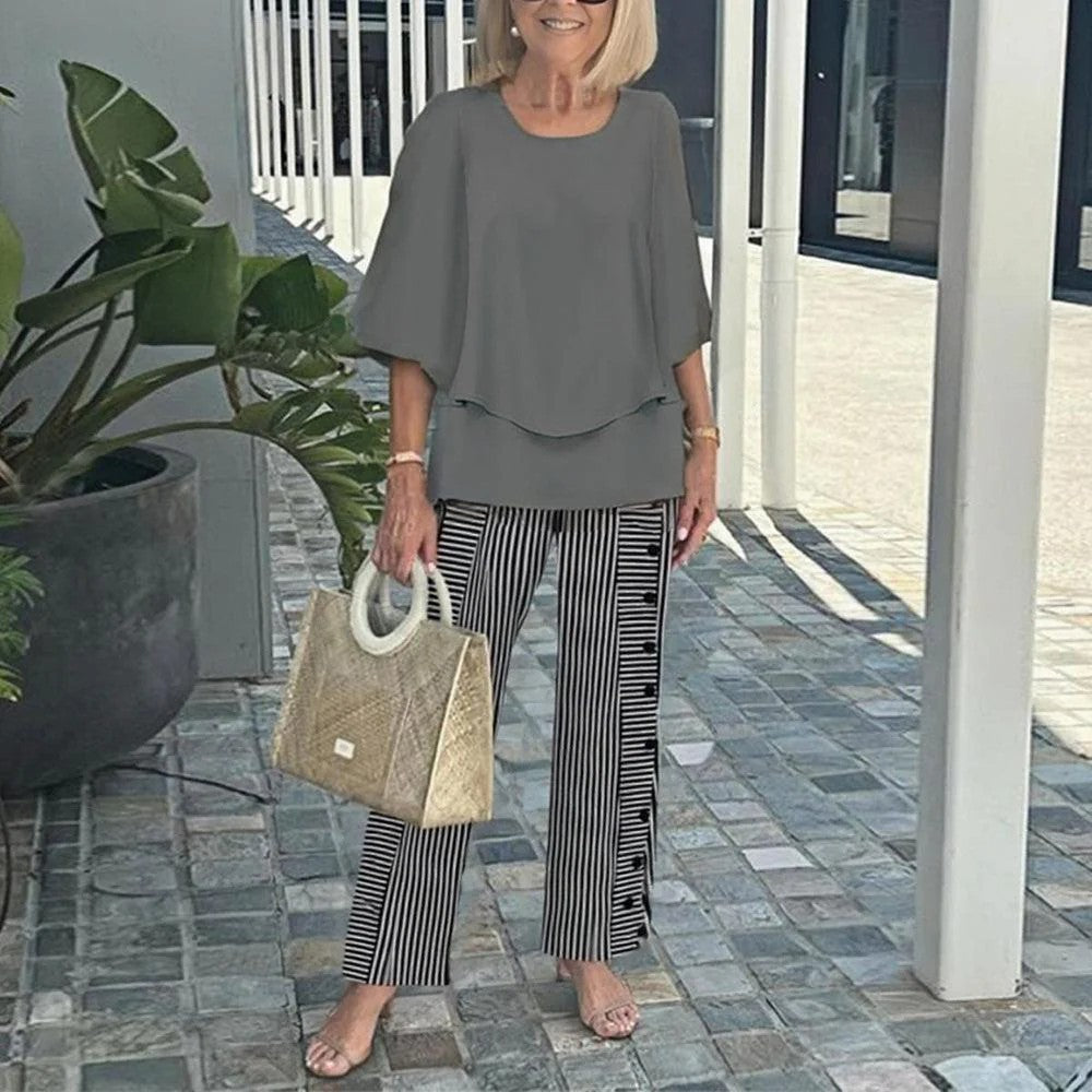 ✨ Női Alkalmi Kerek Nyakú Fél Ujjú Felső + Nyomtatott Nadrágkészlet | Divatos Kényelmes Szett 👚👖