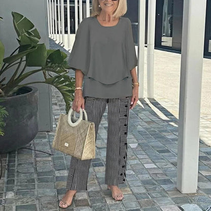 ✨ Női Alkalmi Kerek Nyakú Fél Ujjú Felső + Nyomtatott Nadrágkészlet | Divatos Kényelmes Szett 👚👖