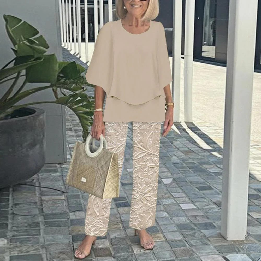 ✨ Női Alkalmi Kerek Nyakú Fél Ujjú Felső + Nyomtatott Nadrágkészlet | Divatos Kényelmes Szett 👚👖