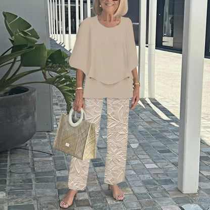 ✨ Női Alkalmi Kerek Nyakú Fél Ujjú Felső + Nyomtatott Nadrágkészlet | Divatos Kényelmes Szett 👚👖